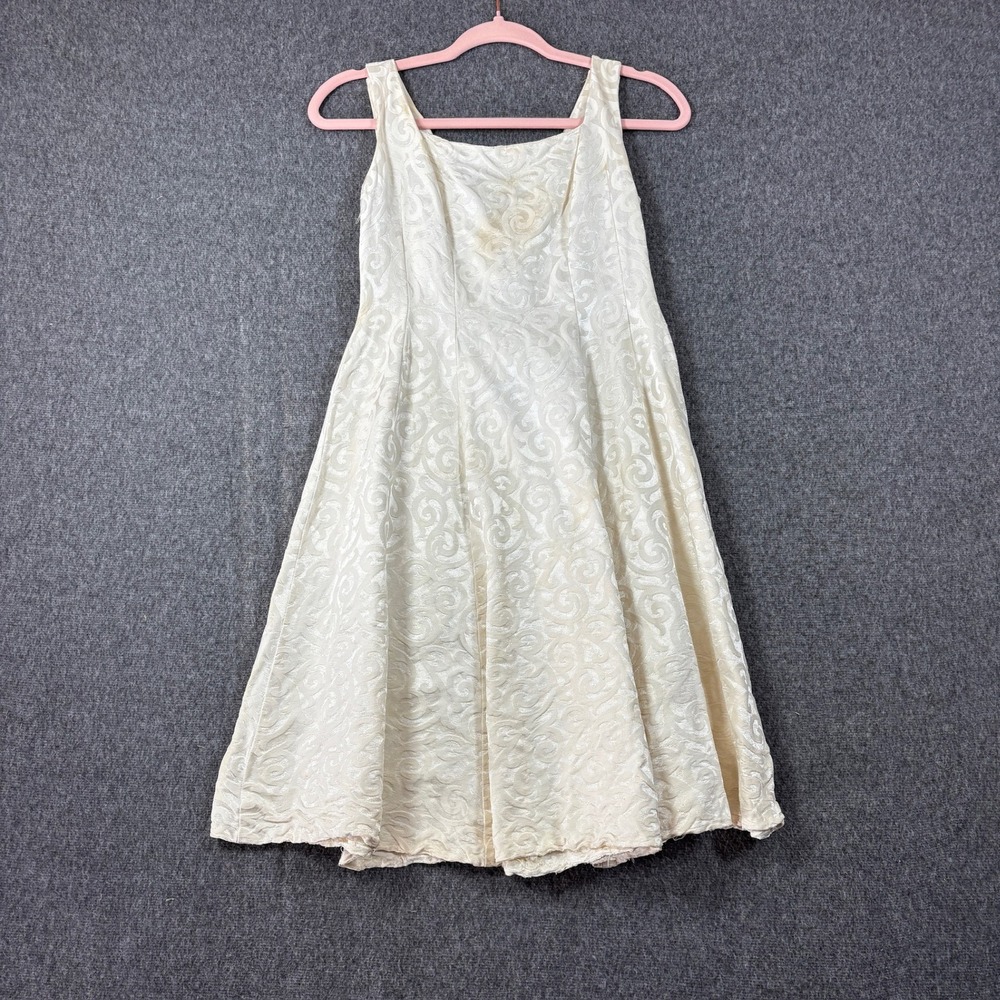 Vintage 50s Cream Swirl Jacquard Fit and Flare Dress Sleeveless Mid-Century XS - Picture 1 of 9